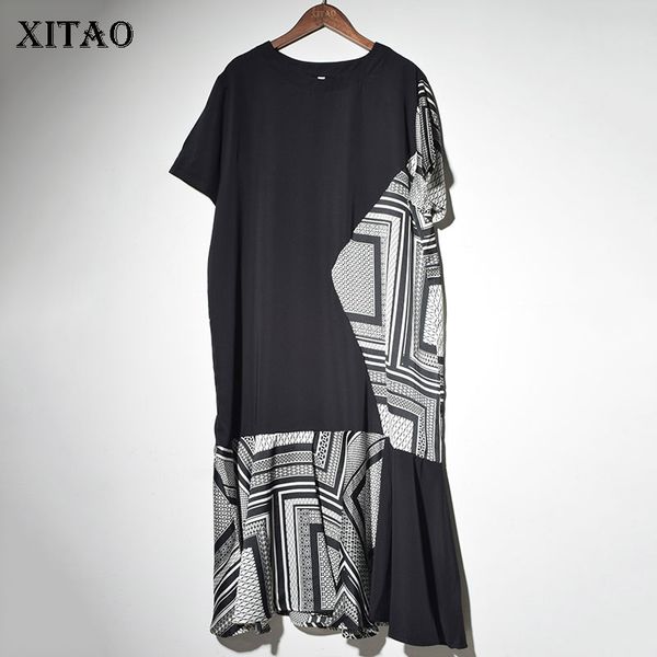 

xitao] 2019 new europe casual loose geometric short sleeve patchwork o-neck fashion women summer mid-calf dress dll3080, Black;gray