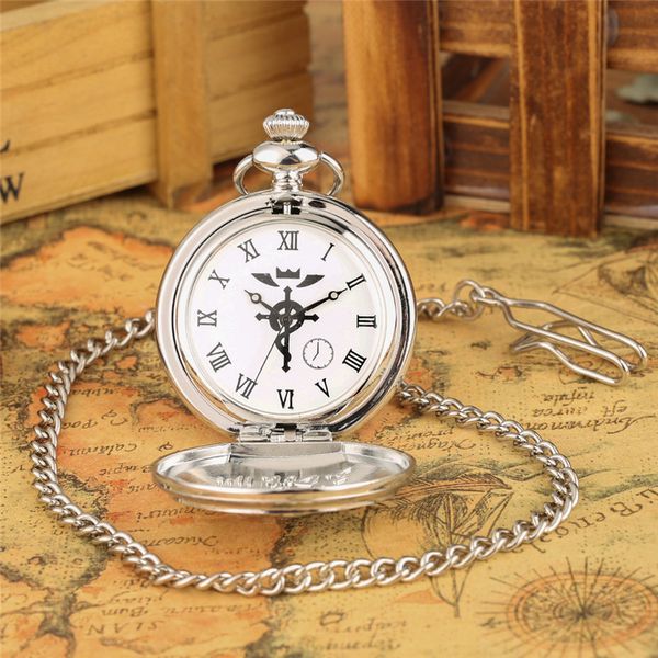 Relógio de bolso analógico fashion fullmetal alchemist quartzo vintage prateado com corrente pingente de colar para crianças, homens e mulheres
