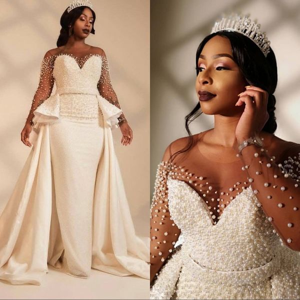 

luxury plus size mermaid wedding dresses 2019 african black girls long sleeve garden country church bride bridal gowns custom made, White
