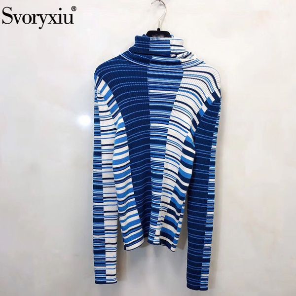 

svoryxiu designer high end wool turtleneck sweater pullovers women's long sleeve blue white striped winter knitting jumper, White;black
