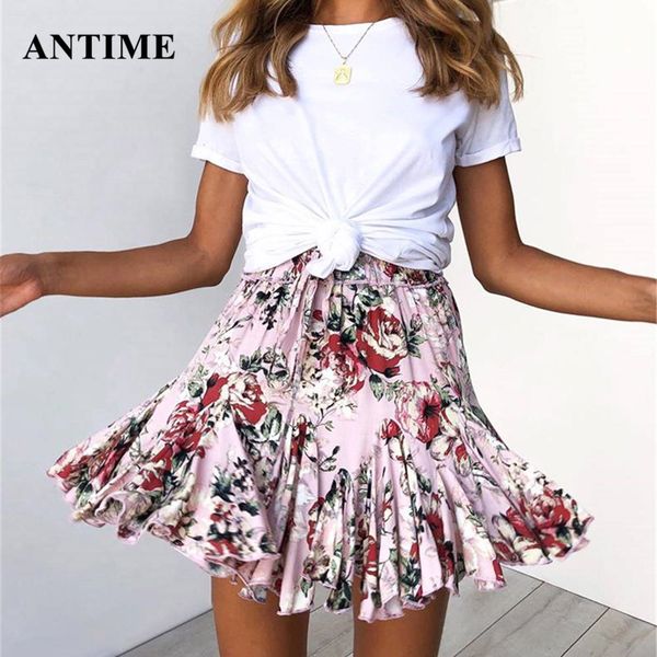 

antime floral print skirt women summer boho streetwear high waist spring summer ladies ruffle pleated short mini skirts 2019, Black
