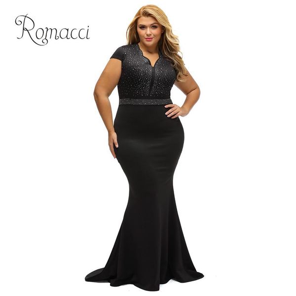

romacci club party dress female rhinestone scalloped v neck plus size dress high waist long gown big size elegant formal dress, Black;pink