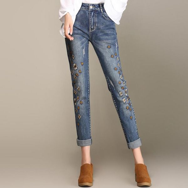 

осенью шаровары потерять джинсы женских большого размера вышитых цветов джинсы 9xl, Blue