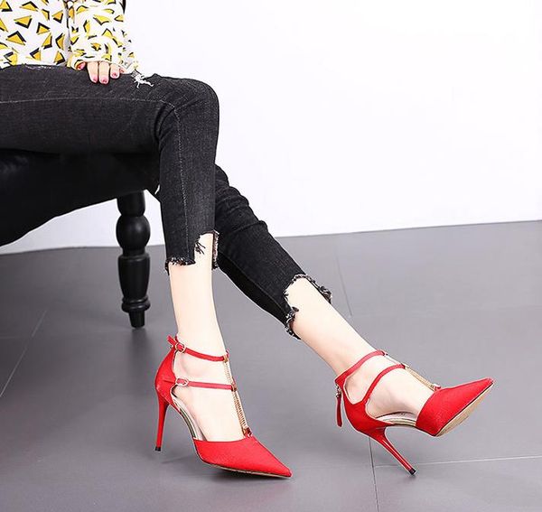 

high-heeled women's shoes with stiletto pointed 2019 spring new word buckle net red single shoes women, Black