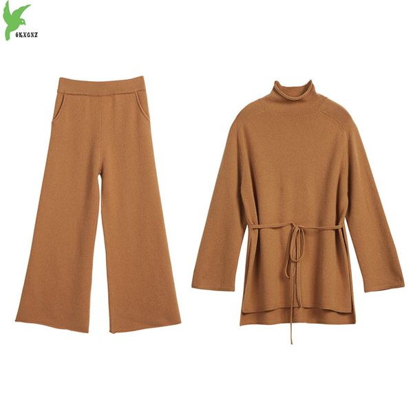 

okxgnz women sweater set wool cashmere wide leg pants suit 2 piece set women turtleneck bandage suit two piece, Gray