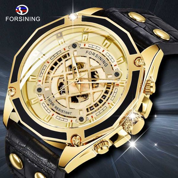 

forsining watch men gold 3d dial auto mechanical waterproof watches leather band skeleton wristwatch relogio, Slivery;brown