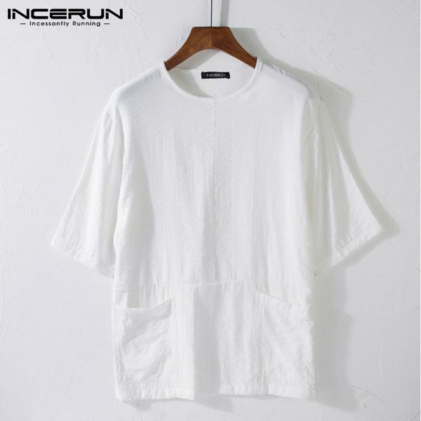 

vintage solid color men t shirt cotton o neck short sleeve pockets breathable street basic tees 2020 mens t-shirts s-3xl incerun, White;black