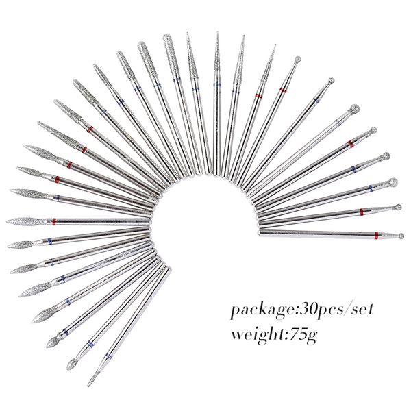 

nail art equipment 30 pcs diamond drill milling cutter bit cuticle clean for manicure files electric mill burr grinder tool, Silver