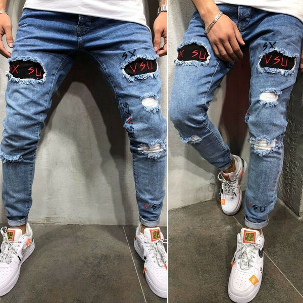 

мода мужчины slim fit джинсы тощий байкер брюки проблемные джинсовые брюки jogger, Blue