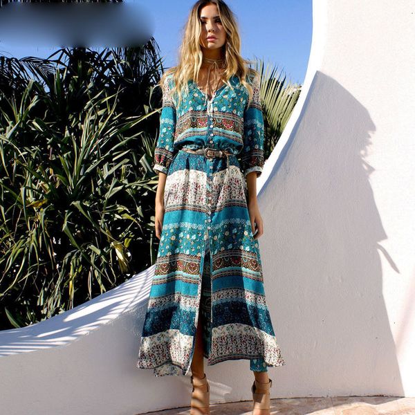 

женщины длинные платья макси плюс размер женщин одежда женщин платья bohemia floral print v образным вырезом женские летние платья макси ves, Black;gray