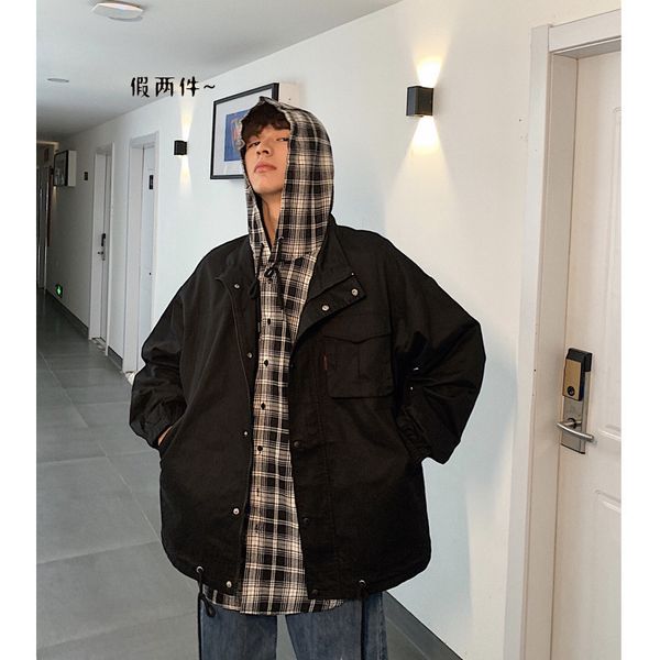 

2019 spring autumn jacket men loose plaid false two pieces mens jackets and coats outwear men clothing, Black;brown