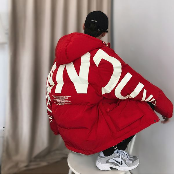 

streetwear warm winter jacket men 2019 fashion red winter jacket men hooded thick loose harajuku coat male windbreaker, Black