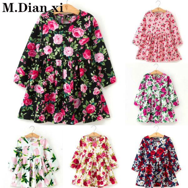 

children dresses kids girl long sleeves flower print cotton and linen floral dress baby girl spring summer dresses for girls, Red;yellow