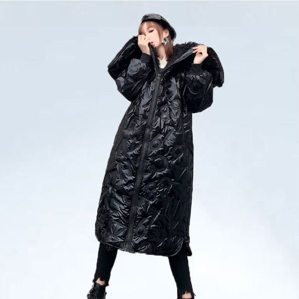 

lamb splicing black jacket women hooded parkas 2019 women winter coat irregular parkas female glossy outwear thick loose