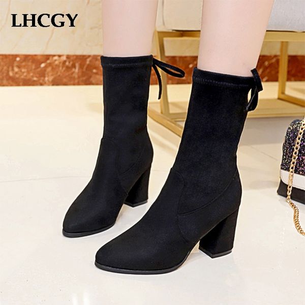 

2019 winter boots women shoes high heels black boots botas mujer sock faux suede booties mid calf chaussures femme 76378