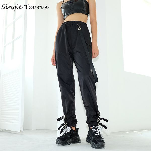 

daily word buckle women sweatpants streamer high waist loose streetwear korean trouser straight causal cargo pants women 2020, Black;white