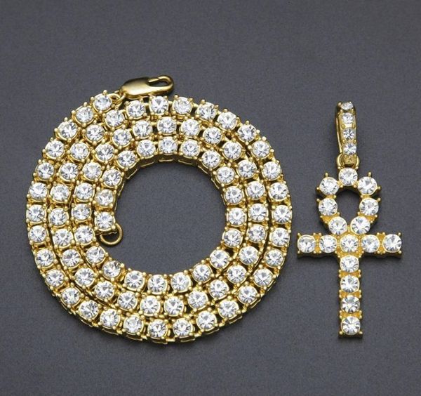 

мужская iced out chain египетский анк ключ подвеска ожерелье хип-хоп ювелирные изделия стразы кристалл кубинский ссылка золотая цепочка, Silver