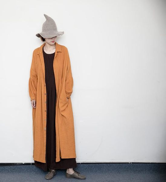 

long coat original design cotton and linen loose comfortable personality allmatch organ fold cardigan loose coat n488, Tan;black
