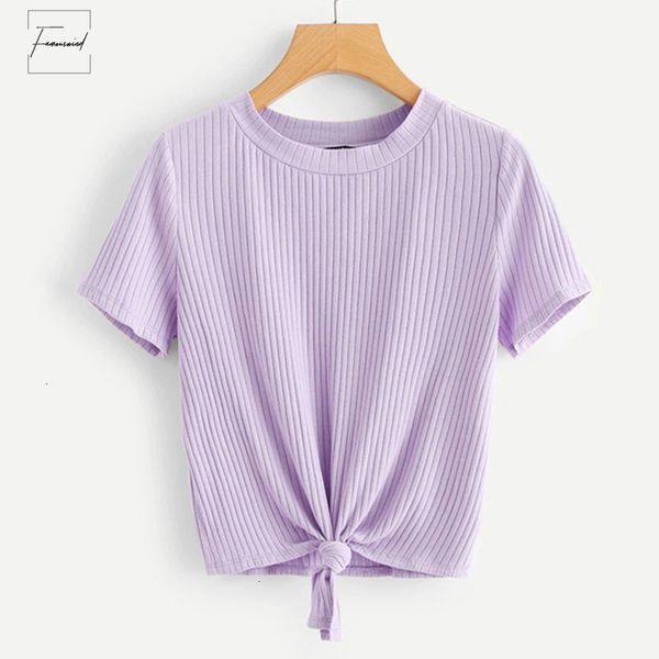 

t shirt front solid knot ribbed tee women 2019 summer casual kawaii clothes short sleeve korean style fashion, White