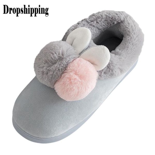 

ears cute bag with warm plus velvet non-slip slippers home winter floor bedroom slippers sweet lady warm cotton slipper#zb, Black