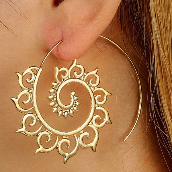 

unique metal hoop earrings women floral sun round gold big circle elegant evening party earring ladies femme fashion jewelry, Golden