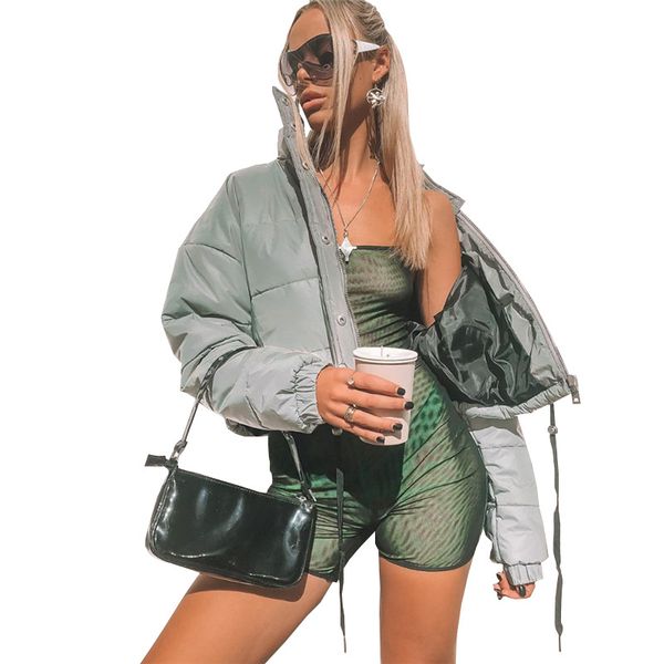 

autumn winter reflective cropped jacket women fashion streetwear parka zipper coat female warm casual padded outerwear, Black;brown