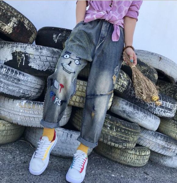 

women 2019 spring denim pants trousers for ladies vintage cartoon embroidery elastic waist jeans female casual fashion p721, Blue