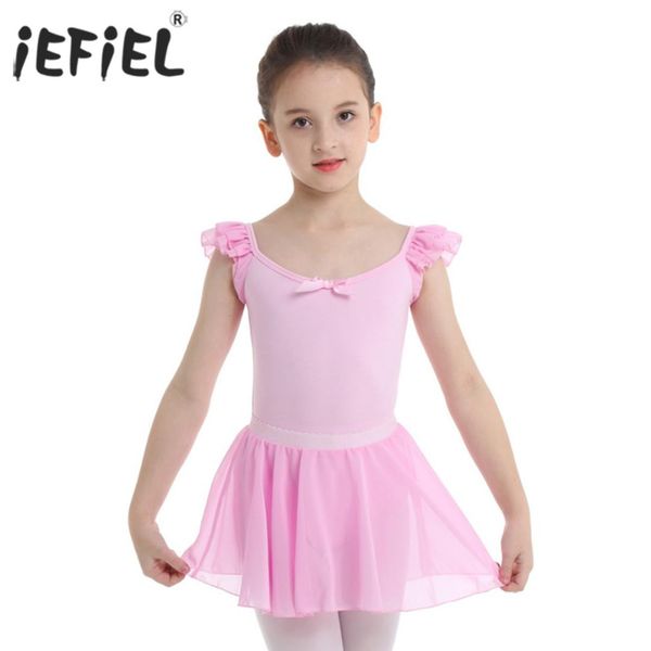 

iefiel kids girls dancing bodysuit with skirts u-shaped dancewear ballet lyrical dance costumes gymnastics leotard for kids, Black;red