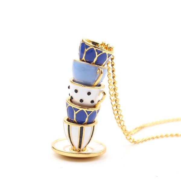 

2019 new style hand made sweater chain clothing accessories long necklace enamel jewelry tea cup necklace pendant woman, Silver