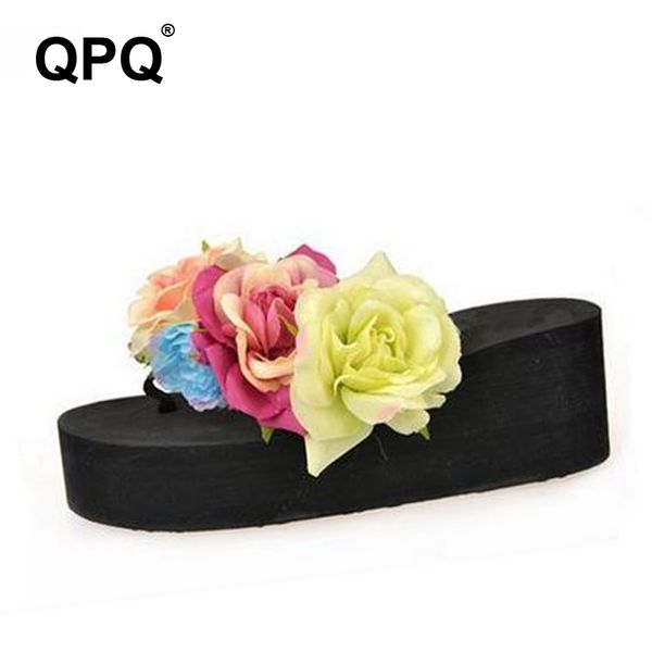 

women flat slippers 2017 summer flower sandals platform flip flops shoes wedges slides thick-soled bottom chinelo sandalias xc45, Black