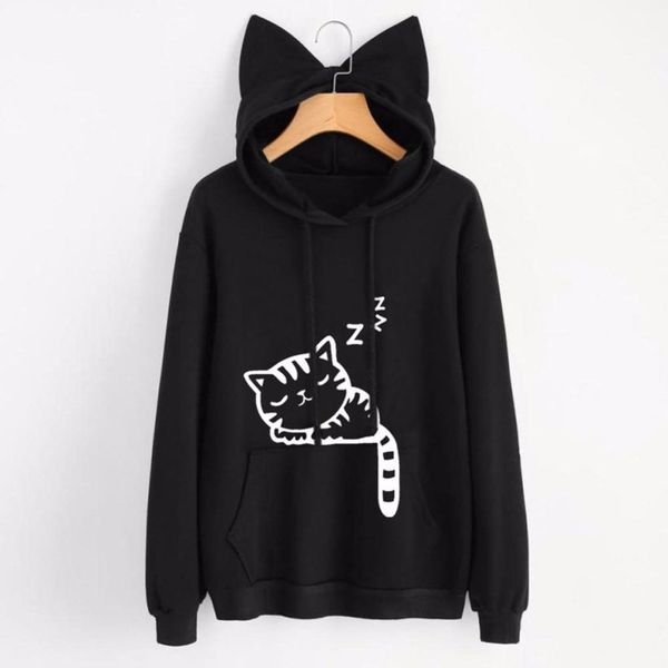 

женщины толстовка cat ear смешной hoodie mujer костюмы kawaii печать cat мультфильм feminino мода осень фуфайки # 256785, Black