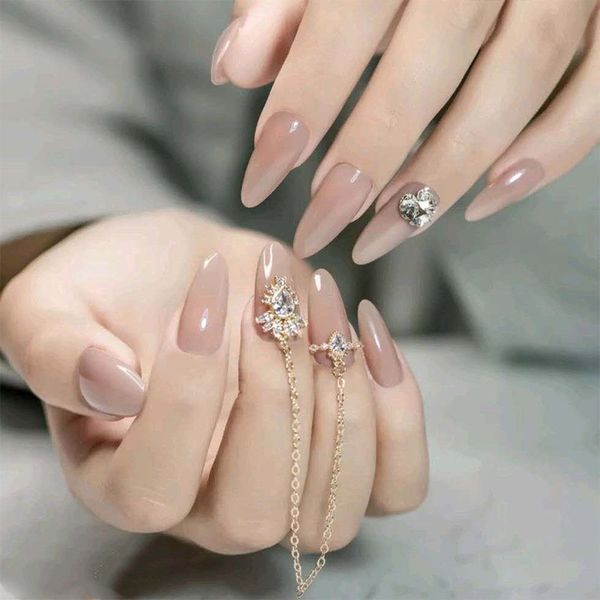 

patches chain rhinestone embellishment decorative manicure flash nails with glue beauty tool solid color long fake nails 24pcs, Red;gold