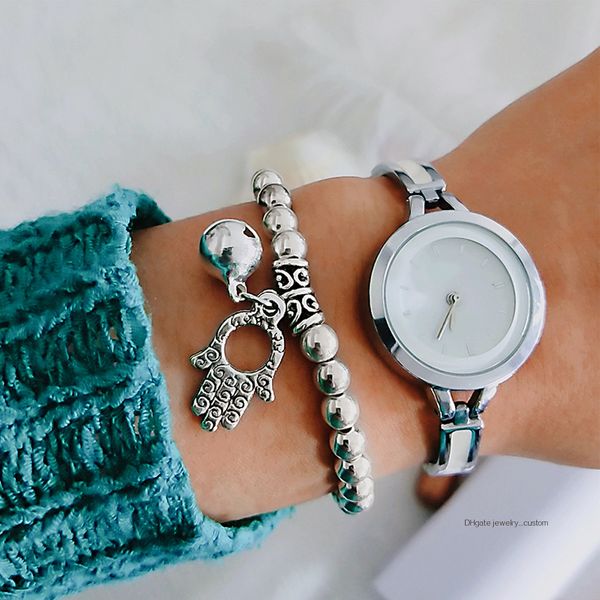 

bohemian fashion fatima hand bead geometry beaded carved silver bracelet women fashion charm party jewelry accessories, Golden;silver