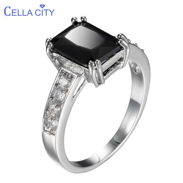 

cellacity geometry silver 925 jewelry trendy ring for women rectangle black gemstones female party accessory size5-11 wholesale, Golden;silver