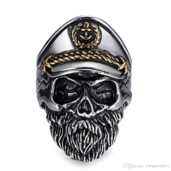 

fashion gothic style old man skull captain anchor navy 316l stainless steel men ring size 7-13, Silver