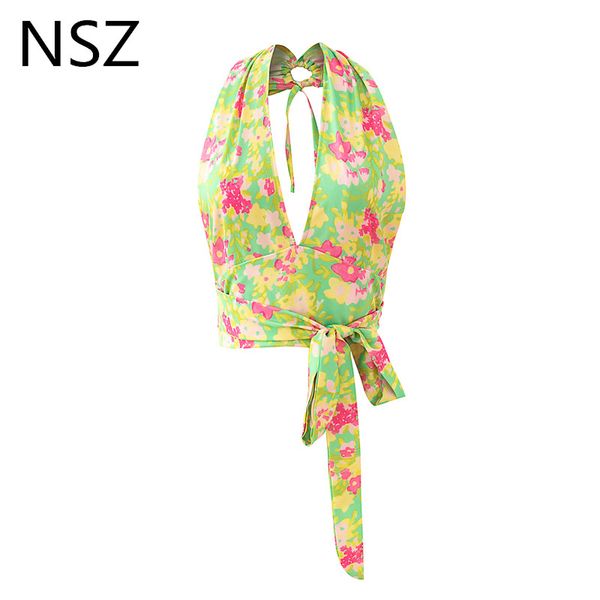 

nsz women print halter deep v neck bow tied custom crop backless summer tank shirt beach vest camis sleeveless top, White