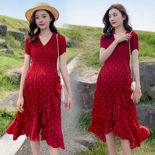 

pregnant women's summer pleated ruffles dress 2020 summer fashion chiffon long dress pregnant clothes large size, White