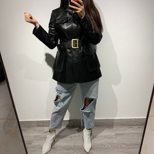 

women genuine leather coat ladies single breasted real leather blazer, Black