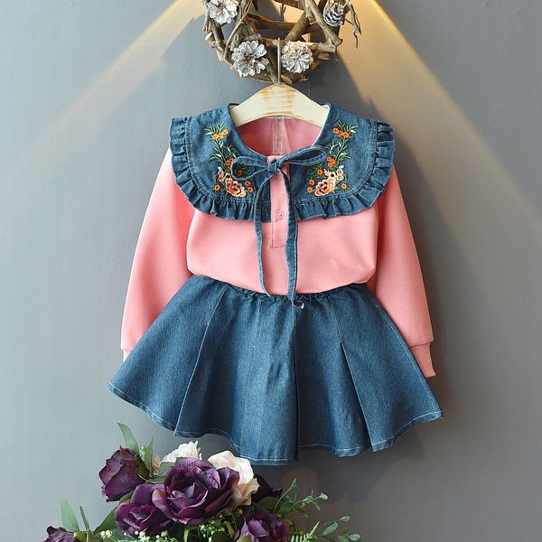 

baby girl autumn 2pcs clothes sets long sleeve embroidered flower sweatshirt and solid short denim skirts children kids set, White