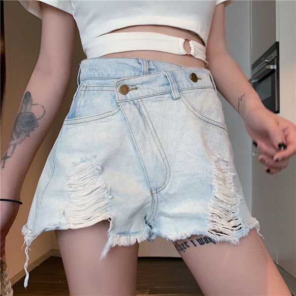 

women's shorts 2019 new high-waisted ripped jeans with irregular frills and baggy wide-leg pants, White;black