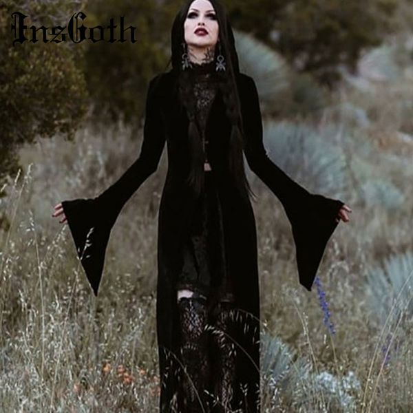 

insgoth women harajuku gothic coat trench cross zipper long coat goth punk outwear female flare sleeve party hooded overcoat, Tan;black