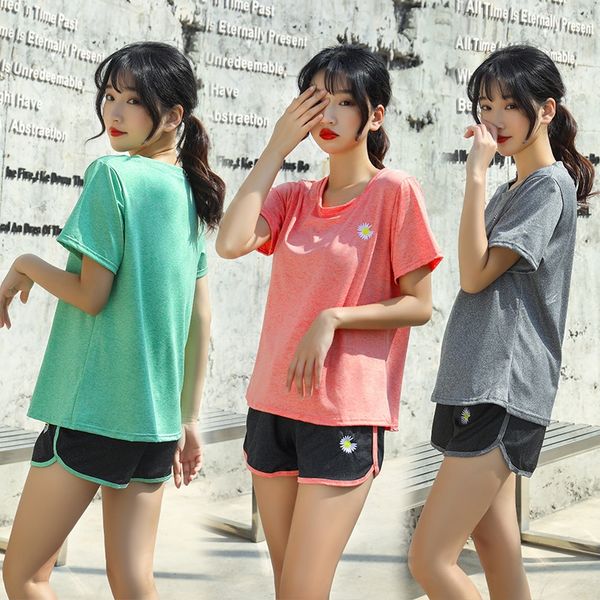 

fgvmf 2020 summer female daisies chrysanthemum suit clothes and clothing clothing yoga sports running quick-drying clothes short-sleeved out, Blue;red