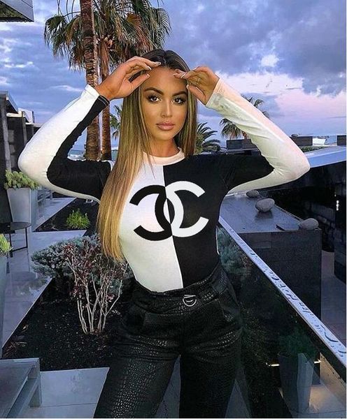 

high-quality 2020 women design t shirt ds chanel long sleeve round neck brand letter printing black white splicing casual coat