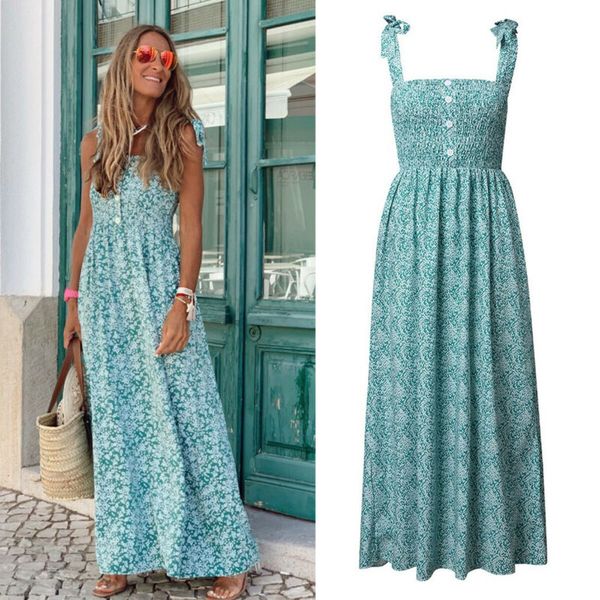 

2020 womens flower printed strappy button pocket ladies summer casual sleeveless beach swing sun maxi dress, Black;gray