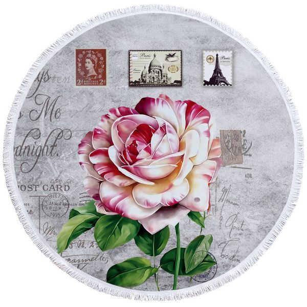 

retro style rose flower beach towel tassel round bath towel soft microfiber home decorative park picnic mat yoga mat lady shawls
