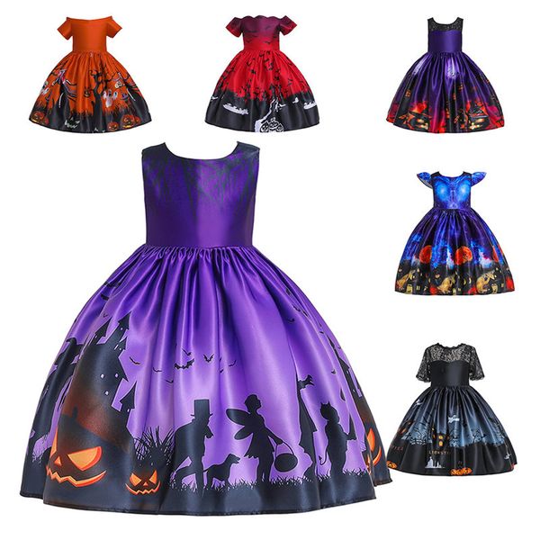 

halloween pumpkin demon printing kids girls fancy dress cosplay carnival halloween costume outfits skirts, Red;yellow