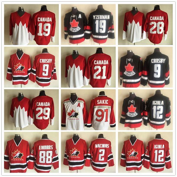 

team canada vintage трикотажных изделий 2 макиннис 12 игинла 91 джо сакик 88 линдрос 19 стив айзерман 66 марио лемье хоккей трикотажные, Black;red