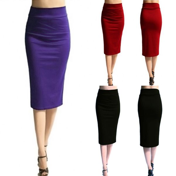 

faldas mujer moda women solid high waist skinny stretchy slim knee-length pencil skirts work clothes wild vintage elegant, Black
