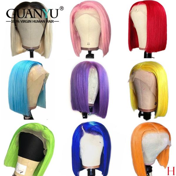 

13x6 bob lace front wig human hair 150% brazilian remy ombre blonde pink red blue green grey orange colored short bob cut wigs, Black;brown