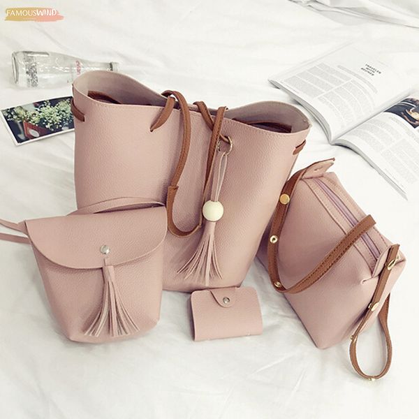 

4pcs set fashion women bag tassel pure pu composite bag for women clutch handbag set large shoulder bag tote bolso mujer